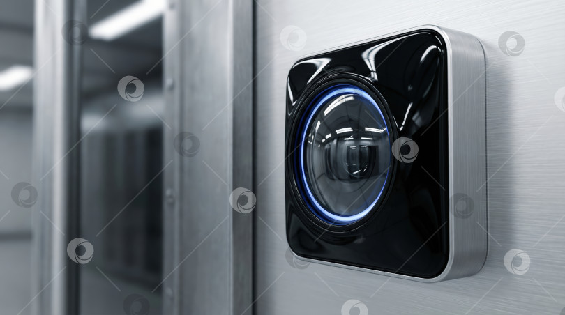 Скачать Современная камера видеонаблюдения с синей подсветкой на стене. Система видеонаблюдения для дата-центра, серверной комнаты или входа в охраняемый объект. фотосток Ozero