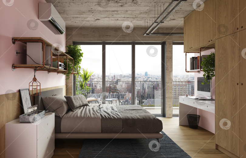 Скачать Современный интерьер спальни с рабочим пространством для домашнего офиса и гардеробом. 3D-рендер розовой комнаты с бетонным потолком и компьютерным столом фотосток Ozero