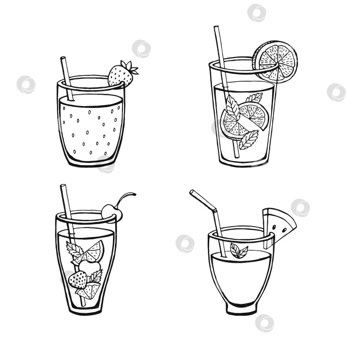 Скачать Набор безалкогольных летних напитков, выделенных на белом фоне. Векторные изображения меню в стиле эскиза. фотосток Ozero