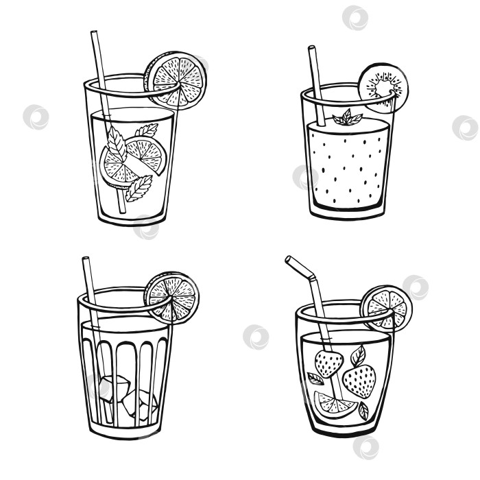 Скачать Набор безалкогольных летних напитков, выделенных на белом фоне. Векторные изображения меню в стиле эскиза. фотосток Ozero