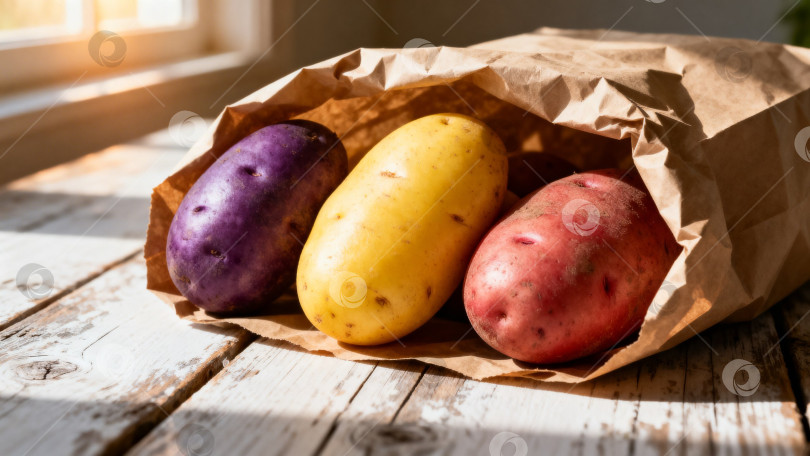 Скачать Разноцветный картофель в бумажном пакете фотосток Ozero