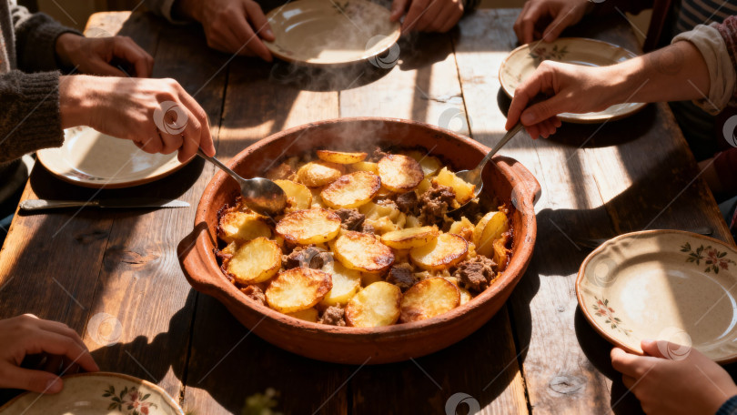 Скачать Семья наслаждается горячим картофелем и мясным рагу в глиняном горшочке на деревянном столе за уютным ужином фотосток Ozero
