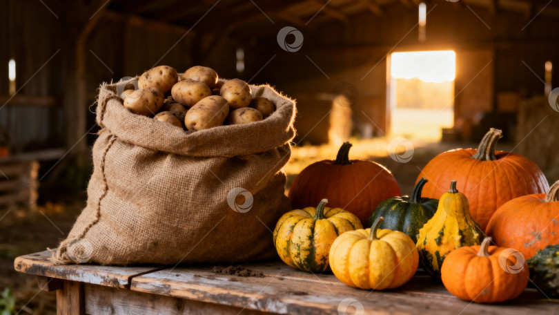 Скачать Мешок с картофелем и тыквами в сарае фотосток Ozero