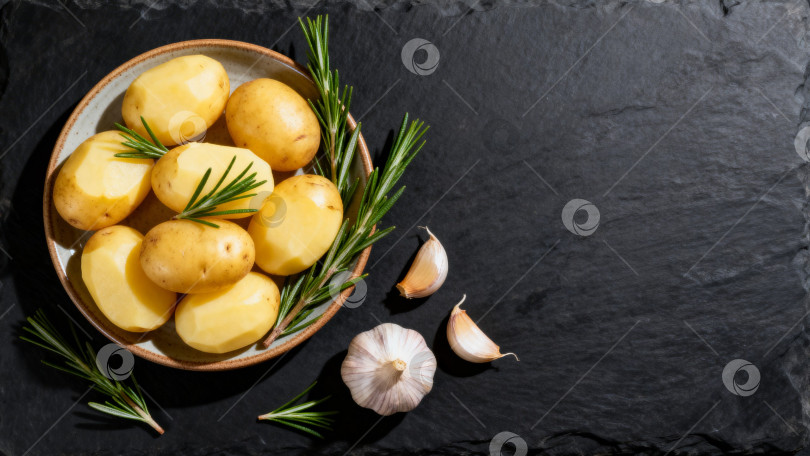 Скачать Очищенный картофель с розмарином и чесноком на тарелке,  на чёрном каменном фоне фотосток Ozero