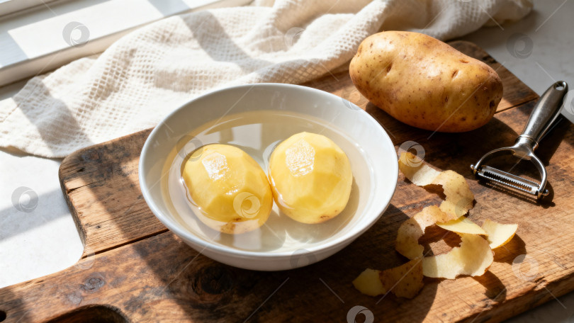 Скачать Целый и очищенный картофель с овощечисткой,  в миске на деревянной доске фотосток Ozero