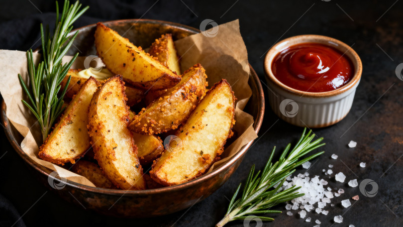 Скачать Картофельные дольки с кетчупом и розмарином на деревенском столе в качестве закуски фотосток Ozero
