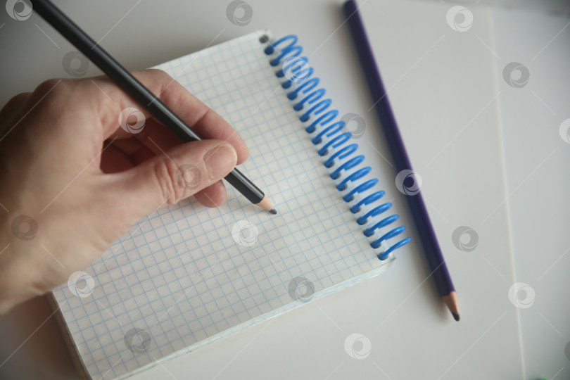 Скачать Женщина пишет карандашом в блокноте  в клетку левой рукой фотосток Ozero