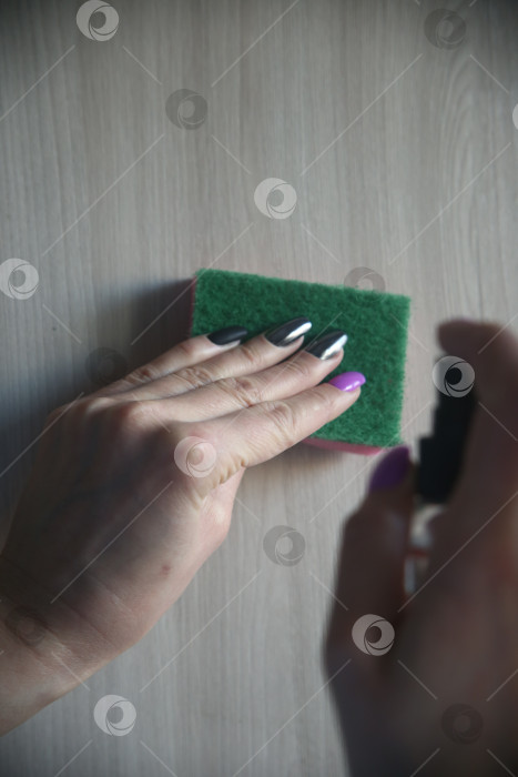 Скачать Женская рука протирает пыль с помощью средства для уборки и губки, крупный план фотосток Ozero