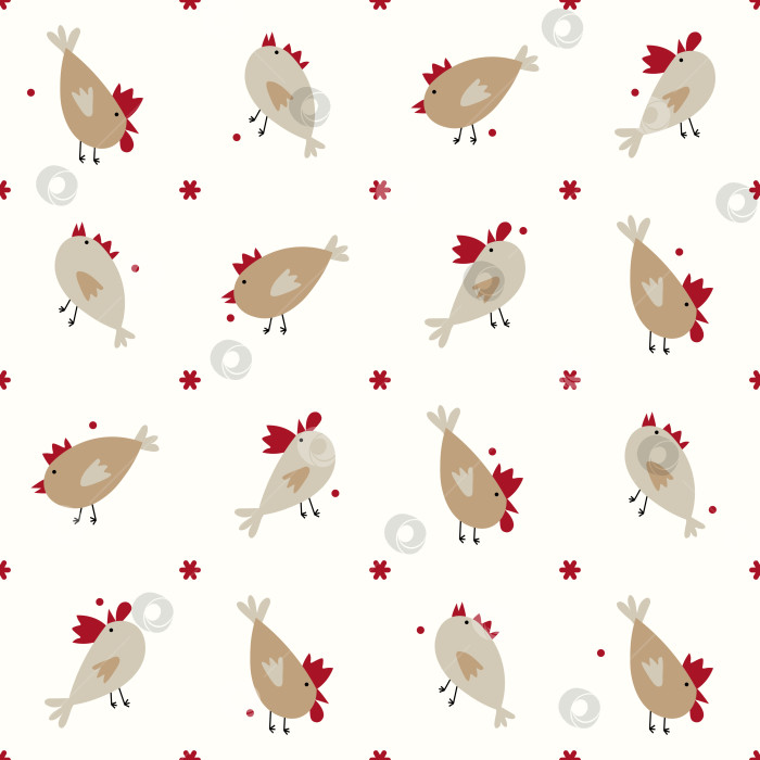Скачать Бесшовный векторный узор с симпатичными плоскими цыплятами и петухами на кремовом фоне фотосток Ozero