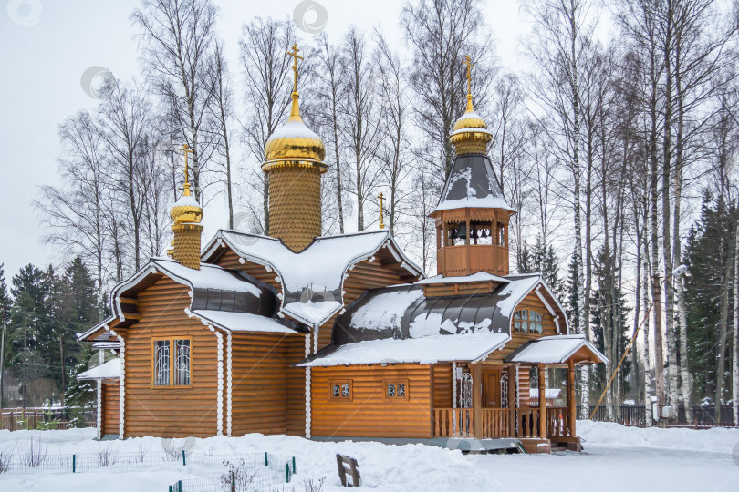 Скачать Деревянная церковь с золотыми куполами в зимний день фотосток Ozero