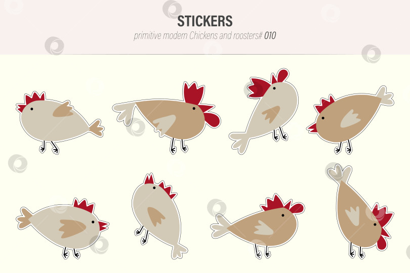 Скачать Набор векторных современных минималистичных наклеек с курицей и петухом на кремовом фоне фотосток Ozero