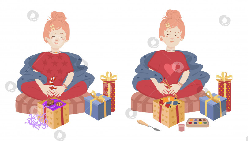 Скачать Девушка сидит в позе лотоса упаковывает новогодние подарками фотосток Ozero