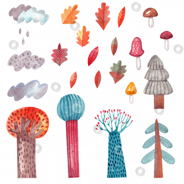 Скачать Декорация с деревьями, листьями, грибами и облаками. фотосток Ozero