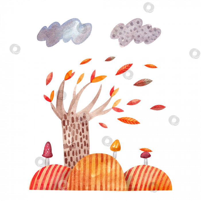 Скачать Композиция с осенним деревом, облаками и грибами. фотосток Ozero