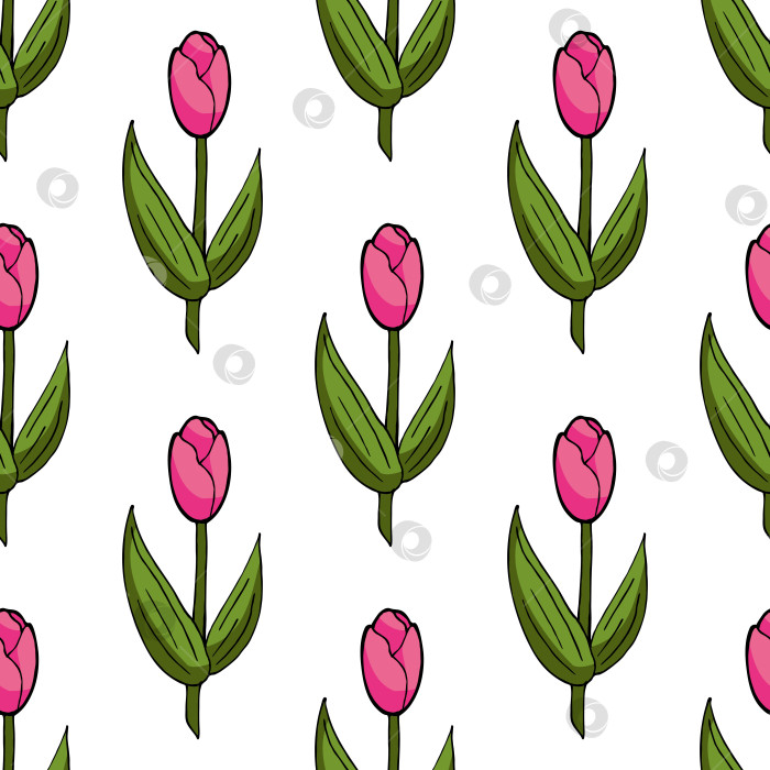 Скачать Бесшовный узор с нарисованными розовыми тюльпанами на белом фоне. векторное изображение. фотосток Ozero
