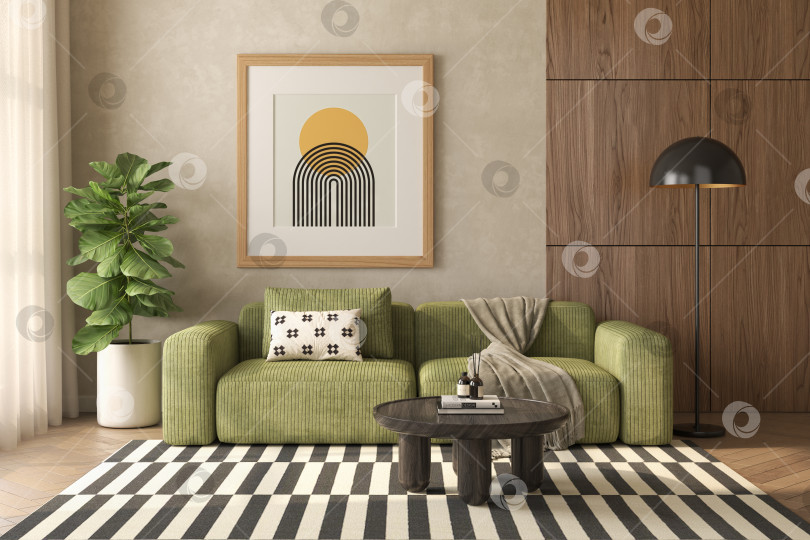 Скачать Концептуальный дофаминовый интерьер комнаты в стиле середины века с 3d-иллюстрацией фотосток Ozero