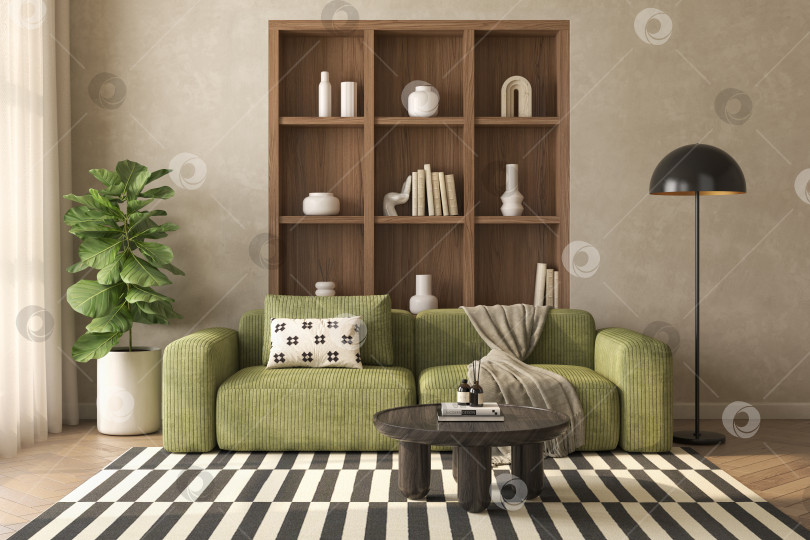 Скачать Концептуальный дофаминовый интерьер комнаты в стиле середины века с 3d-иллюстрацией фотосток Ozero