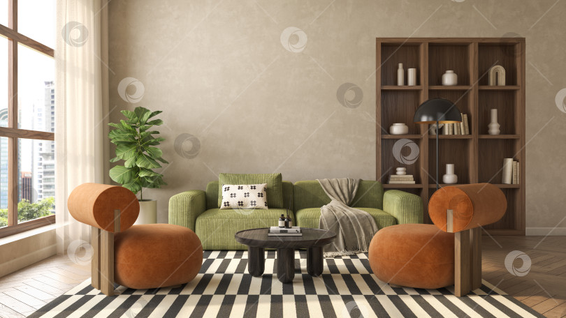 Скачать Концептуальный дофаминовый интерьер комнаты в стиле середины века с 3d-иллюстрацией фотосток Ozero