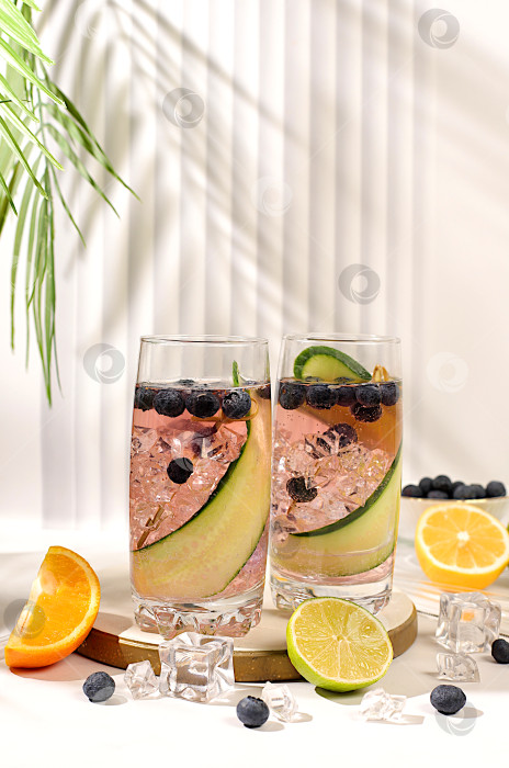 Скачать Диетический веганский коктейль с огурцом, лимоном, лаймом, черникой и семенами чиа, концепция детокс-диеты и похудения, реклама здорового образа жизни и здорового питания, меню кафе. Современный натюрморт с напитками. фотосток Ozero