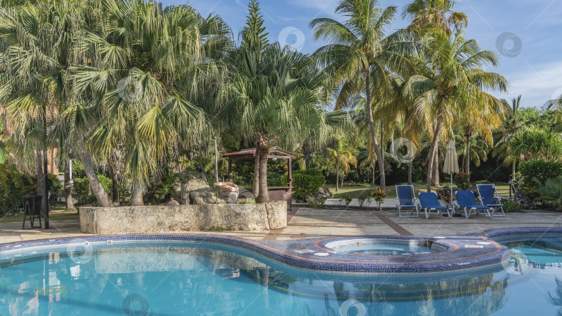 Скачать Открытый плавательный бассейн. Тропический курорт. Замысловатая форма с закругленными краями. фотосток Ozero