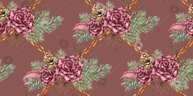 Скачать Розы, сосновые сухоцветы, узор в виде цепочки темно-розовой акварелью фотосток Ozero