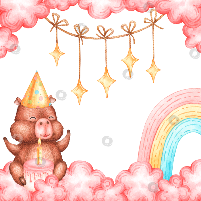 Скачать Акварельная рамка "Капибара с тортом в облаках" фотосток Ozero