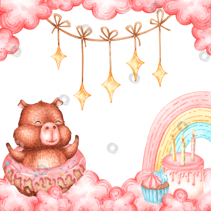 Скачать Капибара и пончик в акварельной рамке "облака" фотосток Ozero