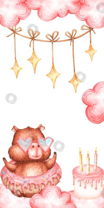 Скачать Акварельная история о капибаре в пончике в облаках фотосток Ozero