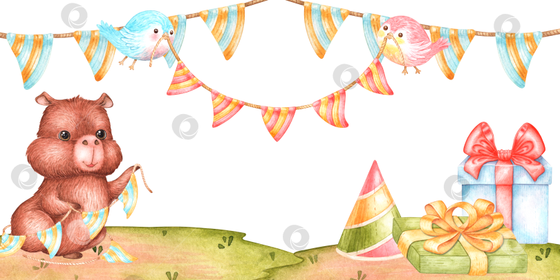 Скачать Акварельный баннер на день рождения капибары фотосток Ozero