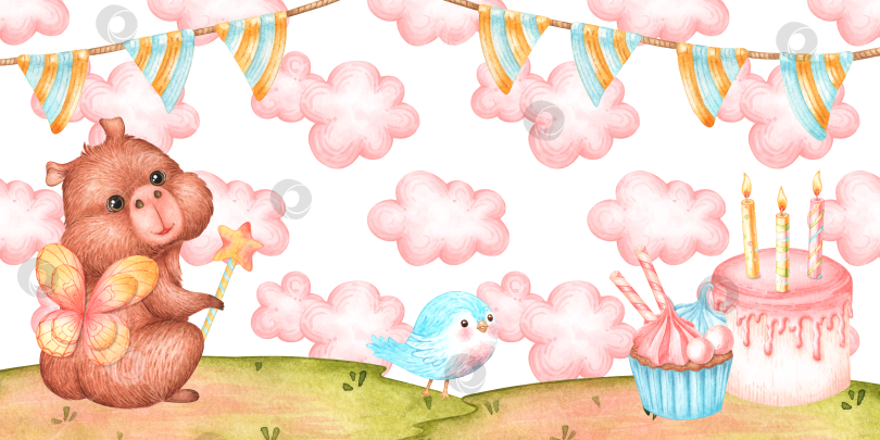 Скачать Подарочный баннер феи Капибары "Облака акварелью" фотосток Ozero