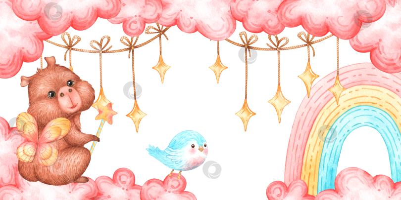 Скачать Баннер с изображением феи капибары с облаками и радугой, выполненный акварелью фотосток Ozero