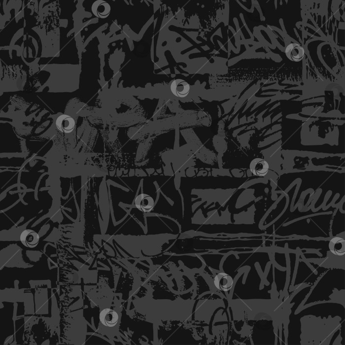 Скачать Монохромный черный фон для граффити с буквами и тегами. Бесшовный рисунок уличного искусства от руки. Текстильный принт в стиле гранж. Векторные обои фотосток Ozero