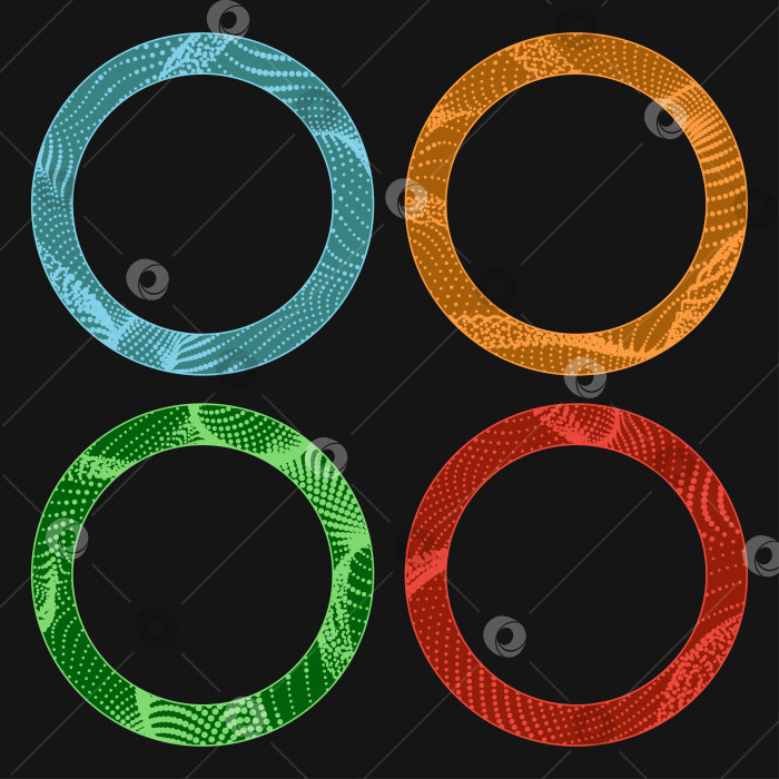 Скачать Поток частиц в виде полутоновых точек, круги, кольца, круговой графический элемент. Венки из синего, оранжевого, зеленого и красного цветов. Набор круглых цифровых рамок. Векторная иллюстрация фотосток Ozero