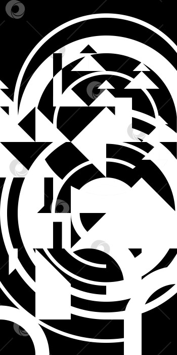 Скачать Геометрический узор в стиле баухауз с горами и елями. Мозаичный фон. Туризм и отдых на природе. Баннер с абстрактной вертикальной композицией с черно-белыми накладными кругами. Векторная фреска фотосток Ozero