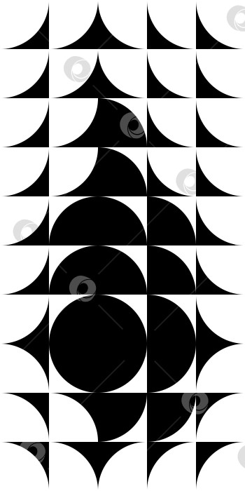 Скачать Узор Баухауз представляет собой черно-белую композицию, созданную из полукругов и четвертей. Графический дизайн "Отражения солнца, зеркальная иллюзия". Мозаичные панно в виде луны и полумесяца. Векторный фон фотосток Ozero