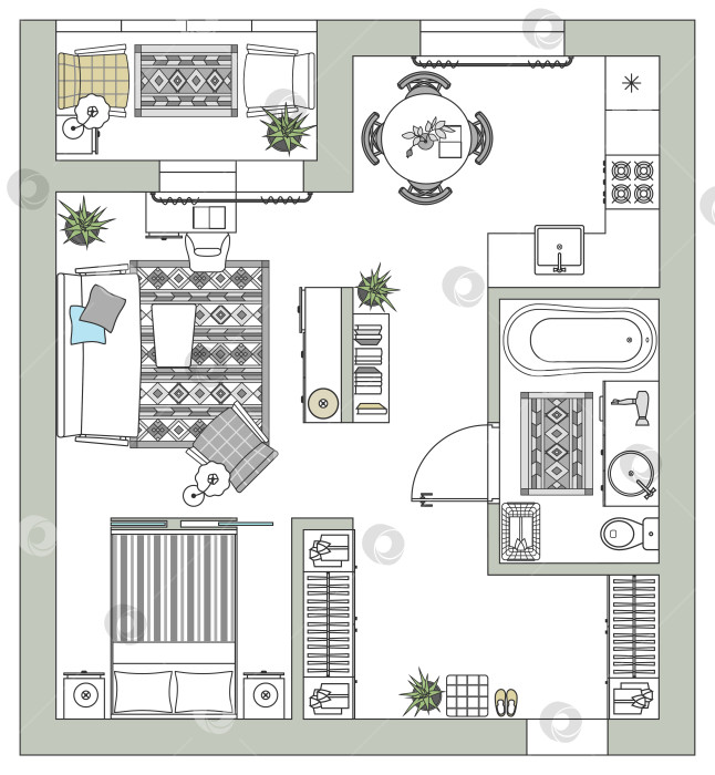 Скачать Подробный план меблировки квартиры с высоты птичьего полета. Эскиз плана интерьера. Комната в стиле квартиры. Дизайн-проект этажа в доме. Вектор фотосток Ozero