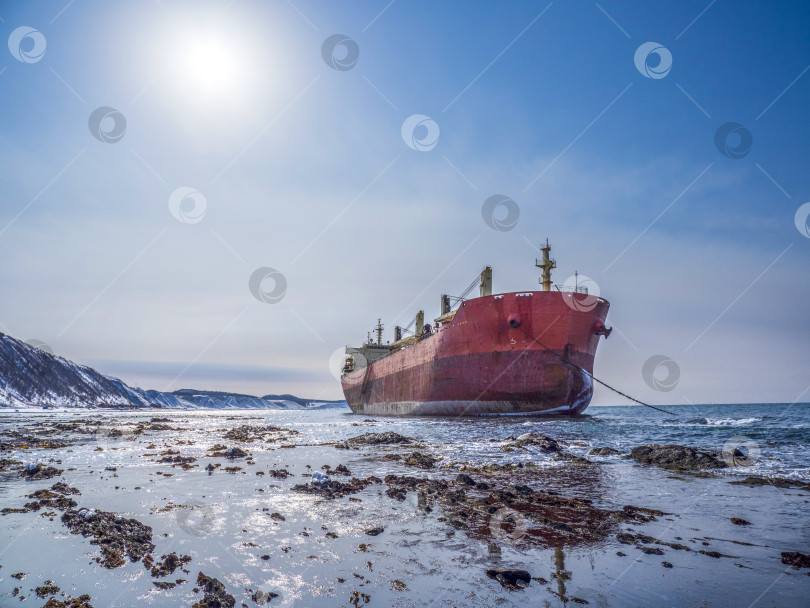 Скачать Сухогруз сел на мель. г. Невельск.  Сахалин. Россия. 2025. 01. Грузовое судно село на мель. Невельск. Сахалин. (марка) фотосток Ozero