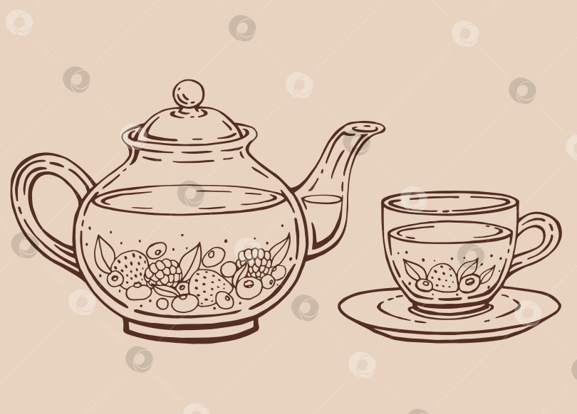 Скачать Чайный сервиз со стеклянным чайником и чашкой, ягоды. Векторная иллюстрация, нарисованная вручную в контурном стиле. фотосток Ozero