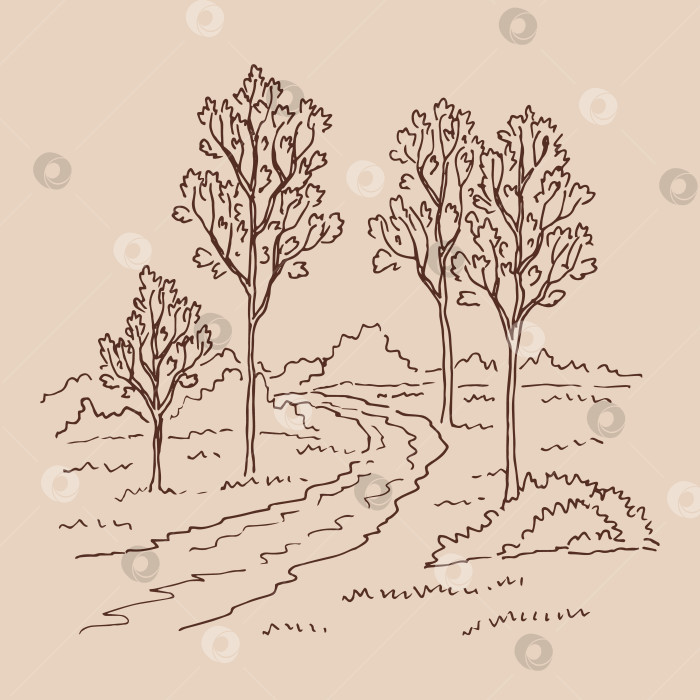 Скачать Сельский пейзаж, лес и луг. Векторная иллюстрация, нарисованная от руки. фотосток Ozero