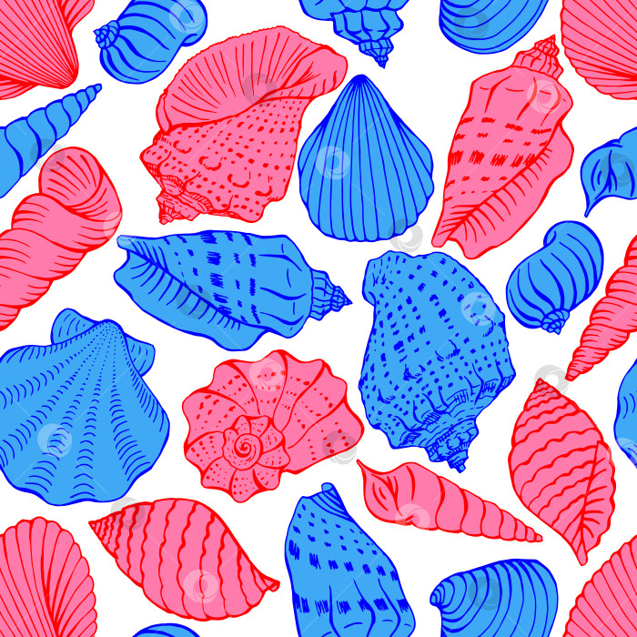 Скачать Бесшовный узор с морскими ракушками. Векторная иллюстрация, нарисованная от руки. фотосток Ozero