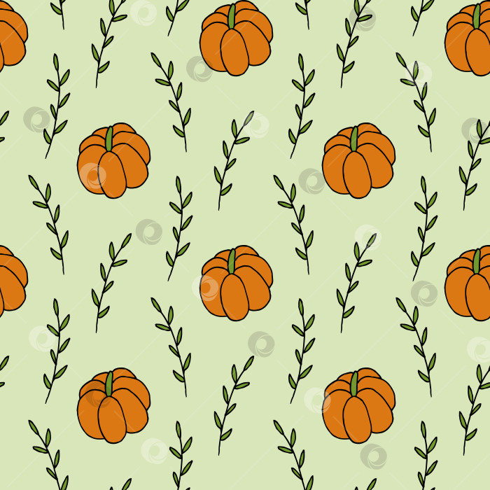 Скачать Бесшовный узор с нарисованной от руки осенней тыквой-каракулем на светло-зеленом фоне. Векторное изображение. фотосток Ozero