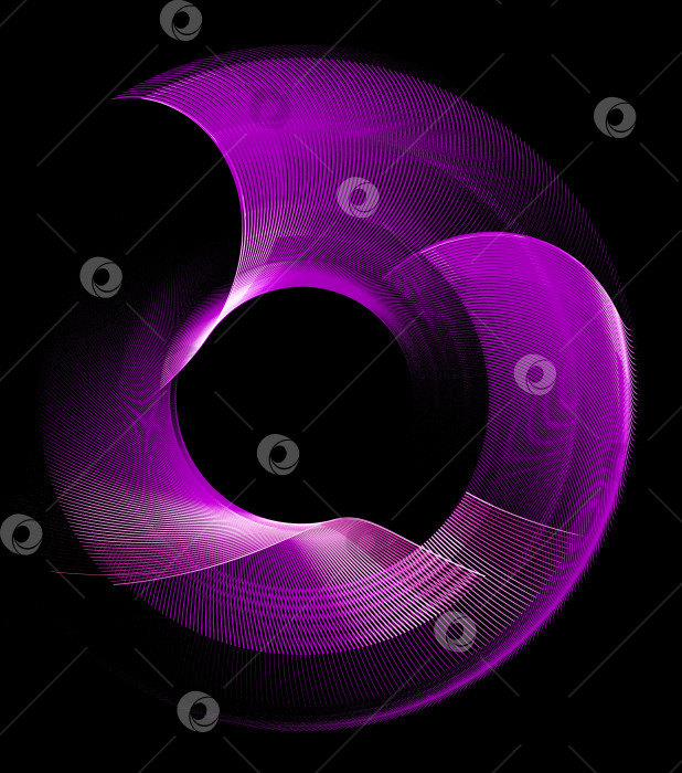 Скачать Изогнутые абстрактные фиолетовые полосы в полоску создают круглую рамку на черном фоне. Иконка, логотип, символ, вывеска. 3D-рендеринг. 3D-иллюстрация. фотосток Ozero