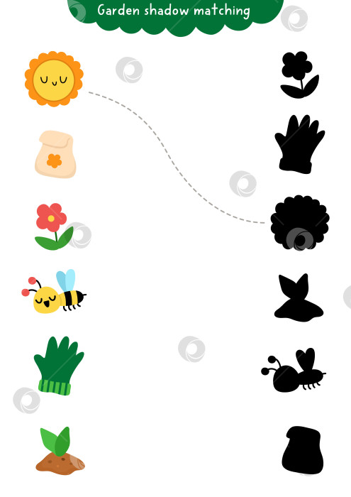 Скачать Упражнение по подбору теней в саду с использованием солнца, семян, пчелы, молодых растений, перчатки, цветка. Весенняя головоломка для детей. Найдите правильный силуэт на листе для печати, игре, странице для детей фотосток Ozero