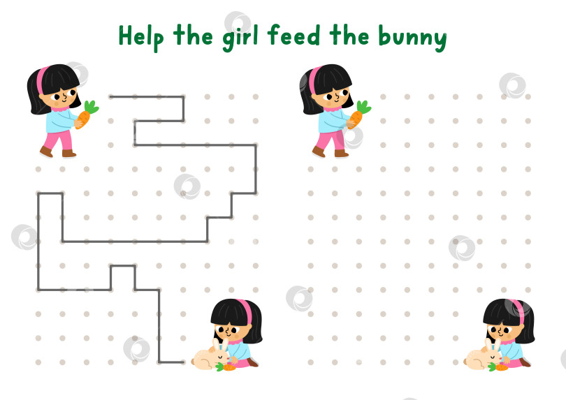 Скачать Занятия по рисованию в саду, письму, обводке, ориентированию в пространстве для детей с девочкой, которая кормит кролика морковкой. Нарисуйте линии в коробке в соответствии с примером. Весенняя игра-головоломка для печати с ребенком-садовником фотосток Ozero