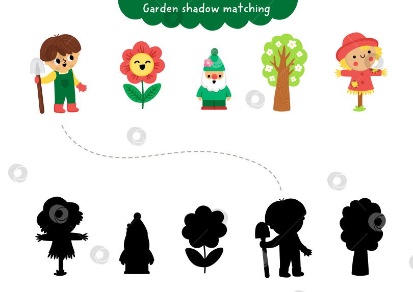 Скачать Задание по подбору теней в саду с мальчиком-садовником, деревом, цветком, гномом и пугалом. Весенняя головоломка для детей. Найдите правильный силуэт на листе для печати, игре, странице для детей фотосток Ozero