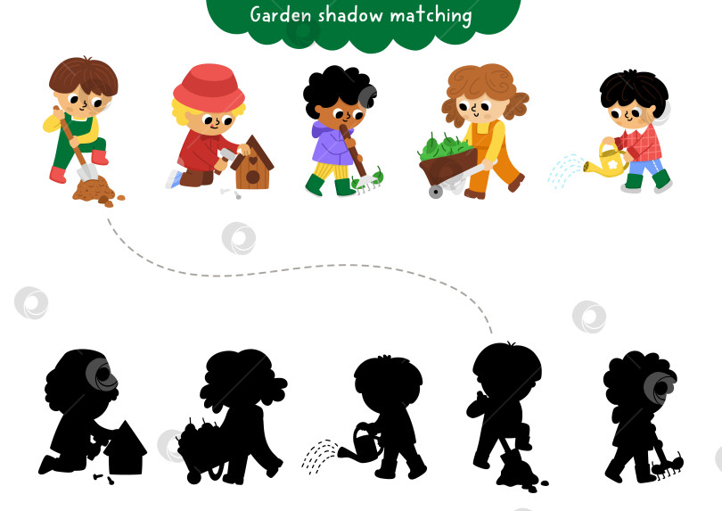 Скачать Занятие по подбору теней для сада с детьми-садоводами. Весенняя головоломка с участием милых детей с лопатой, лейкой, граблями. Найдите правильный силуэт на листе для печати, игре, странице для детей. фотосток Ozero