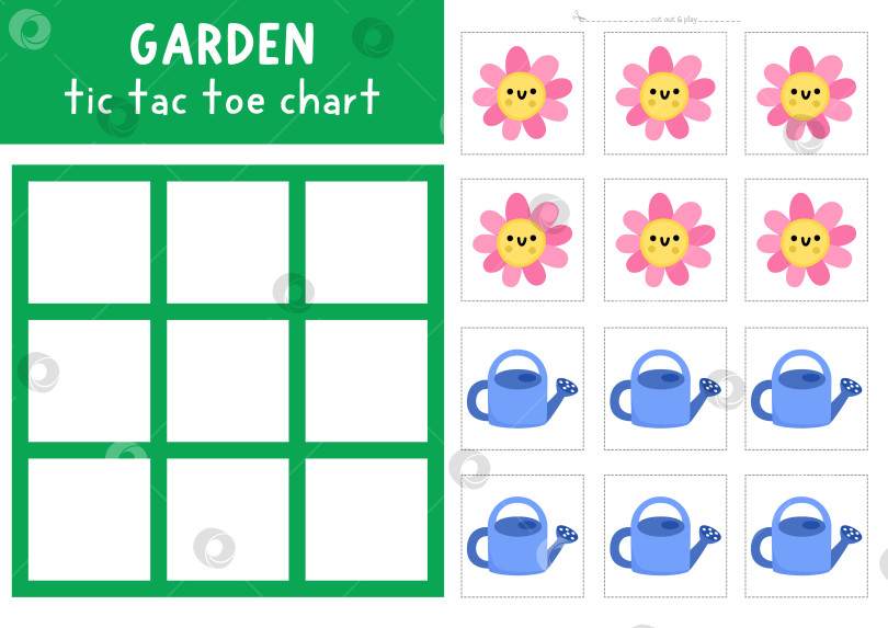 Скачать Векторная садовая таблица крестиков-ноликов с лейкой и улыбающимся кавайным цветком. Игровое поле для весенней настольной игры с симпатичным растением и инструментом. Забавный рабочий лист для печати. Сетка крестиков и ноликов фотосток Ozero
