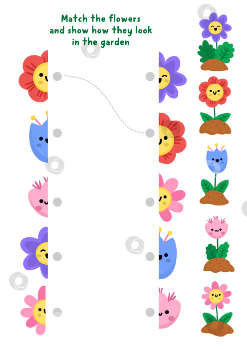Скачать Соедините половинки цветов. Занятие для детей по подбору цветов в саду. Весенняя или летняя викторина для развития внимания у детей. Игра для печати с милыми улыбающимися кавайными растениями фотосток Ozero
