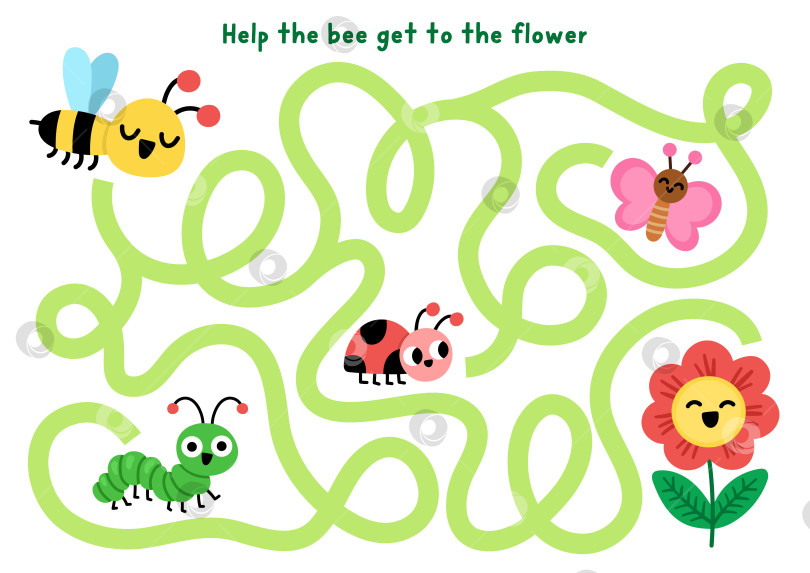 Скачать Садовый лабиринт с пчелой, летящей к цветку. Простая игра-лабиринт с милыми насекомыми. Задание для печати в весеннем загородном доме или рабочий лист с изображением шмеля, гусеницы, божьей коровки, бабочки. фотосток Ozero