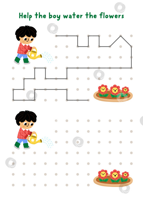 Скачать Занятия по рисованию в саду, письму, обводке, ориентированию в пространстве для детей с мальчиком, поливающим цветы. Нарисуйте линии на коробке в соответствии с примером. Весенняя игра-головоломка для печати с ребенком-садовником фотосток Ozero